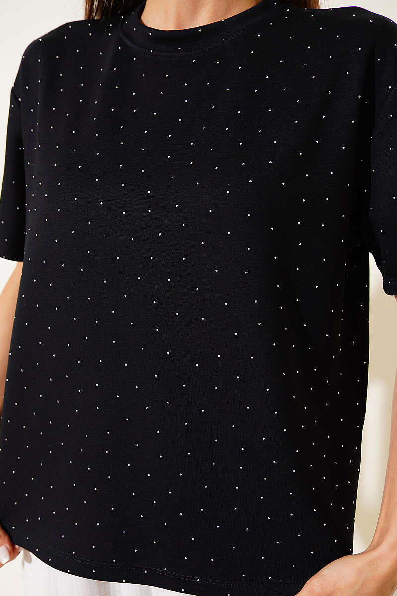 Crew-Neck T-Shirt with Mini Stones - Black