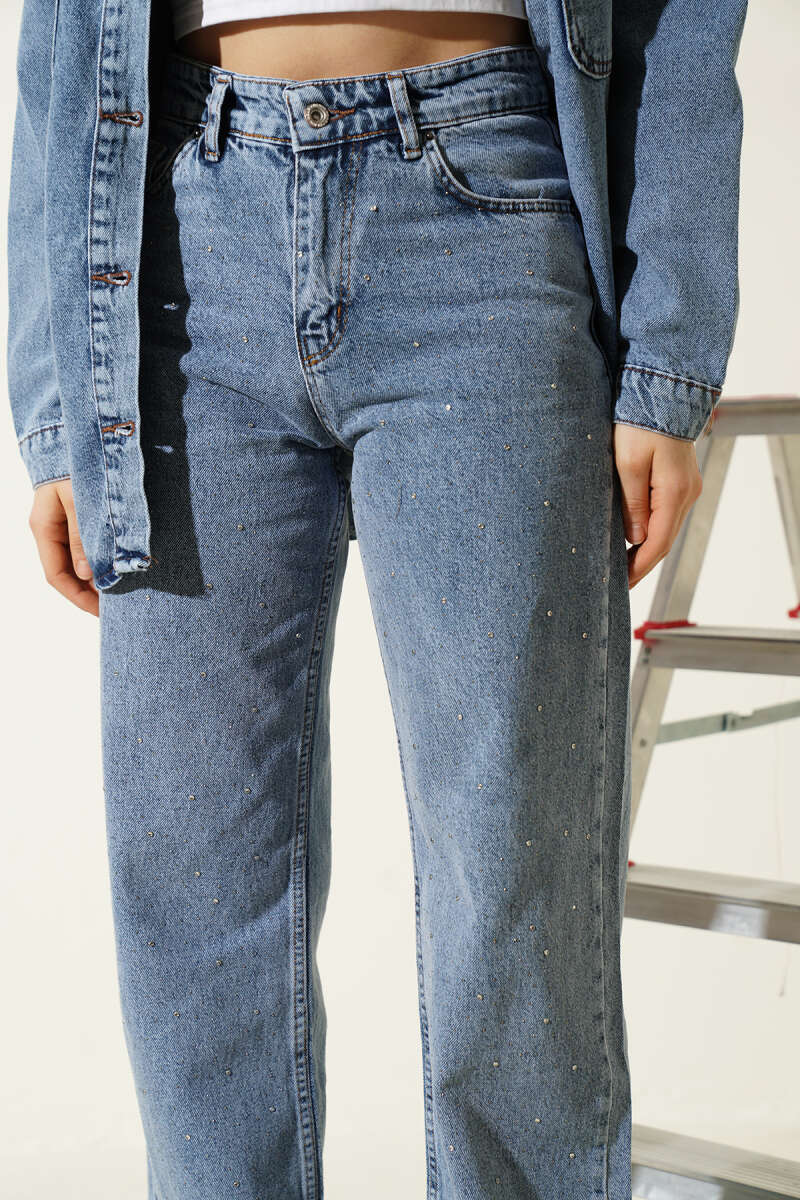 Wide-Leg Jeans with Mini Stones - Blue