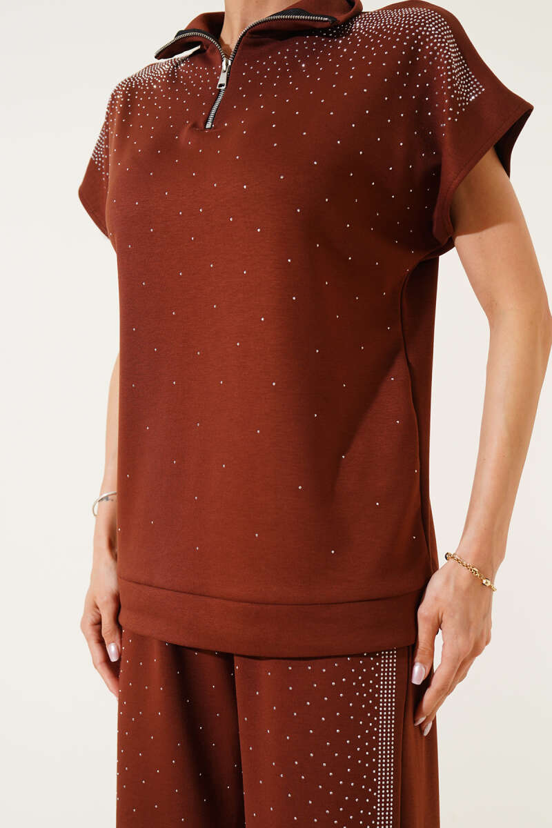 Short-Sleeve Zip Two-Piece Set with Mini Stones - Brown