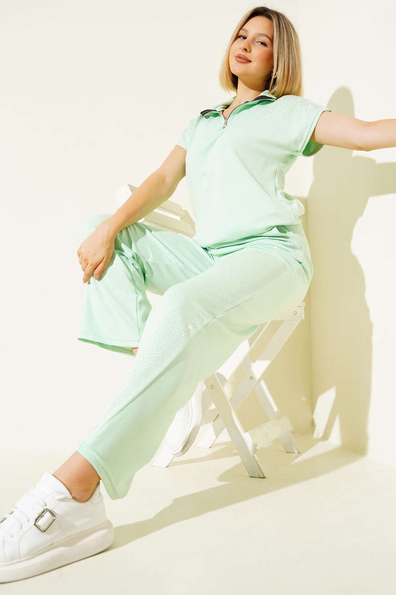 Short-Sleeve Zip Two-Piece Set with Mini Stones - Aqua Green