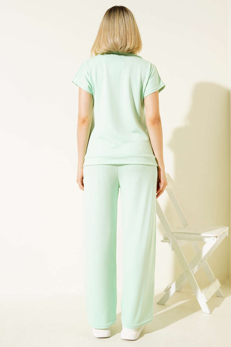 Short-Sleeve Zip Two-Piece Set with Mini Stones - Aqua Green