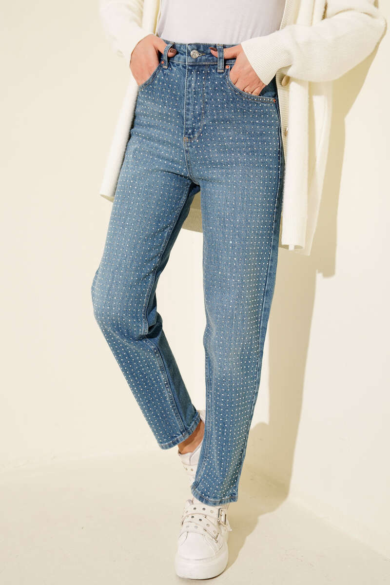 Mom Jeans with Mini Stones - Light Blue