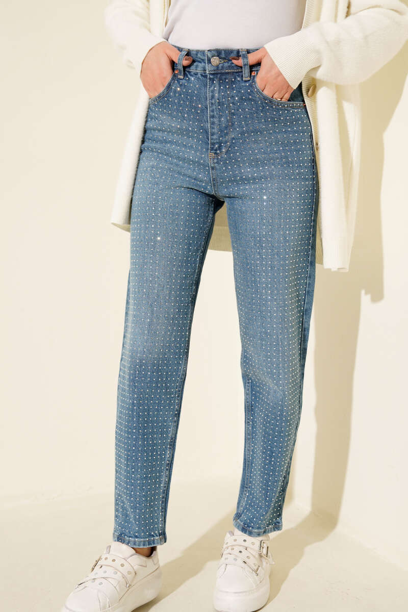 Mom Jeans with Mini Stones - Light Blue