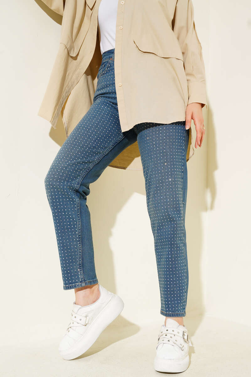 Mom Jeans with Mini Stones - Tinted Wash