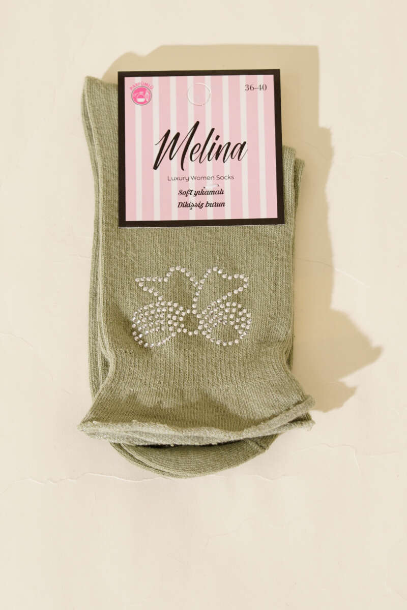 Ribbon Ankle Socks with Mini Stones - Khaki