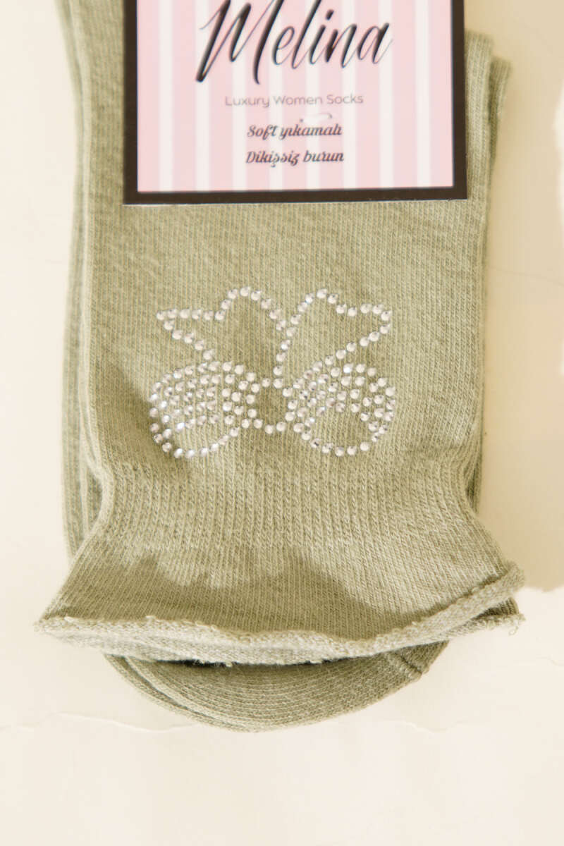 Ribbon Ankle Socks with Mini Stones - Khaki