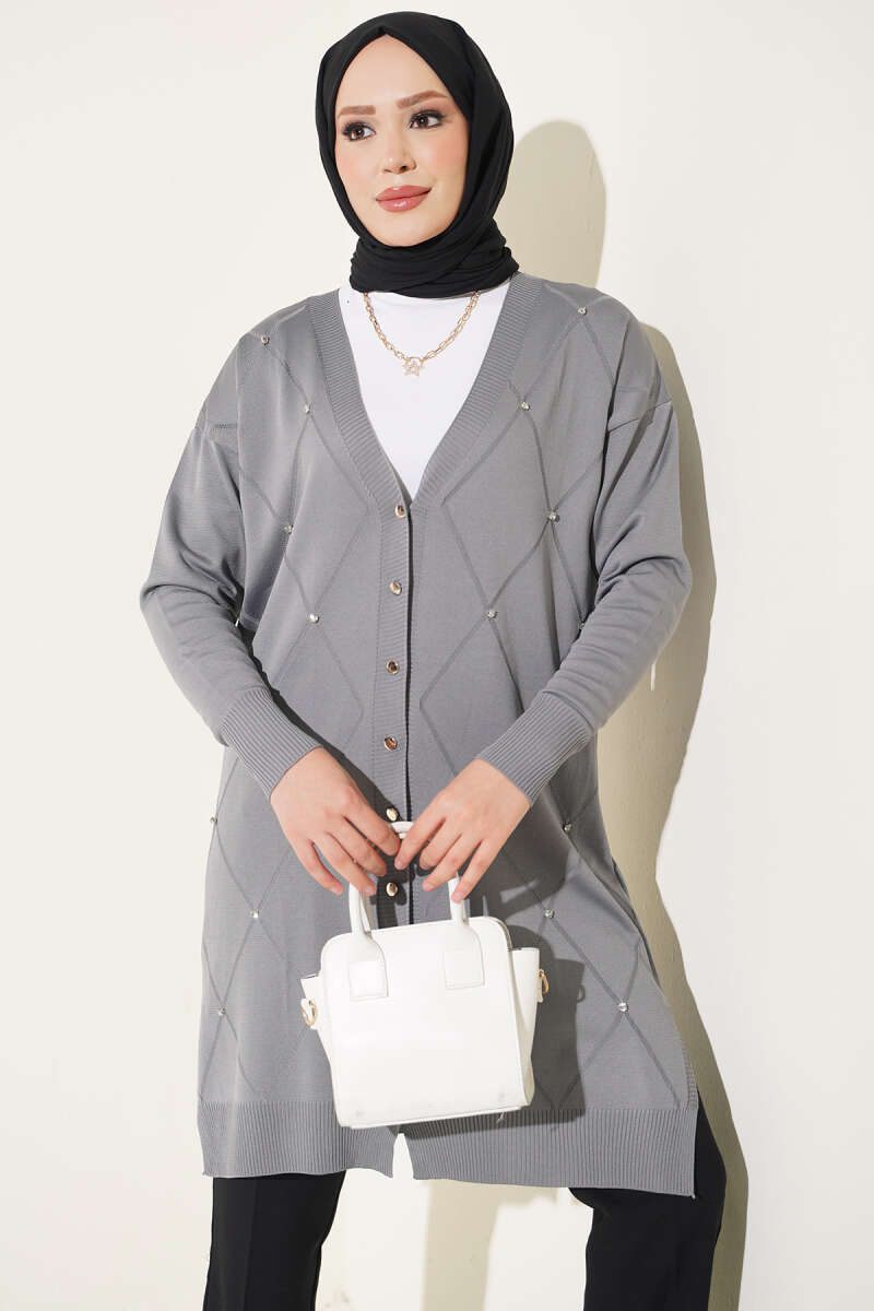 Mercerised Cardigan with Mini Stones - Grey
