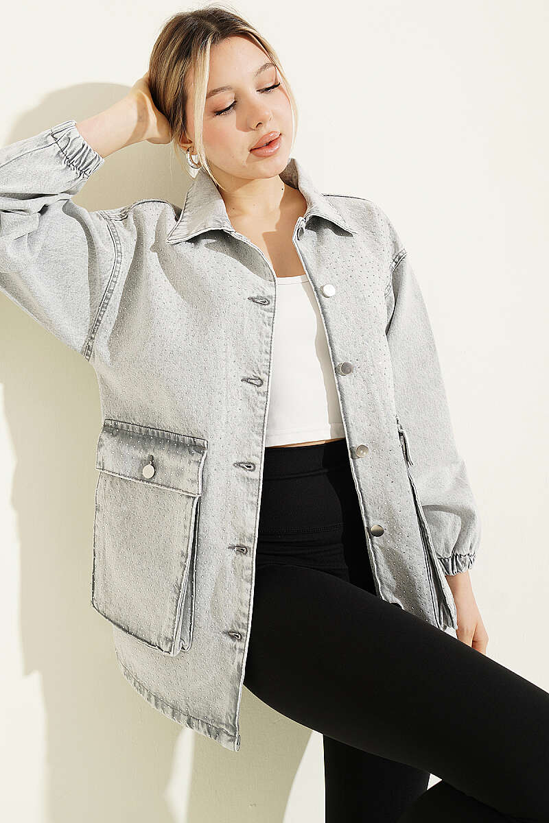 Denim Jacket with Patch Pockets and Mini Stones - Grey