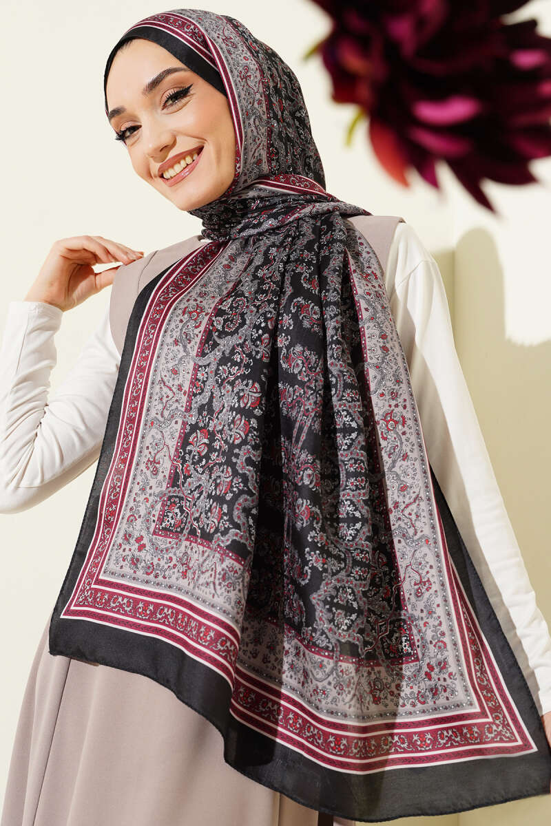 Mini Floral Soft Shawl - Black-Burgundy