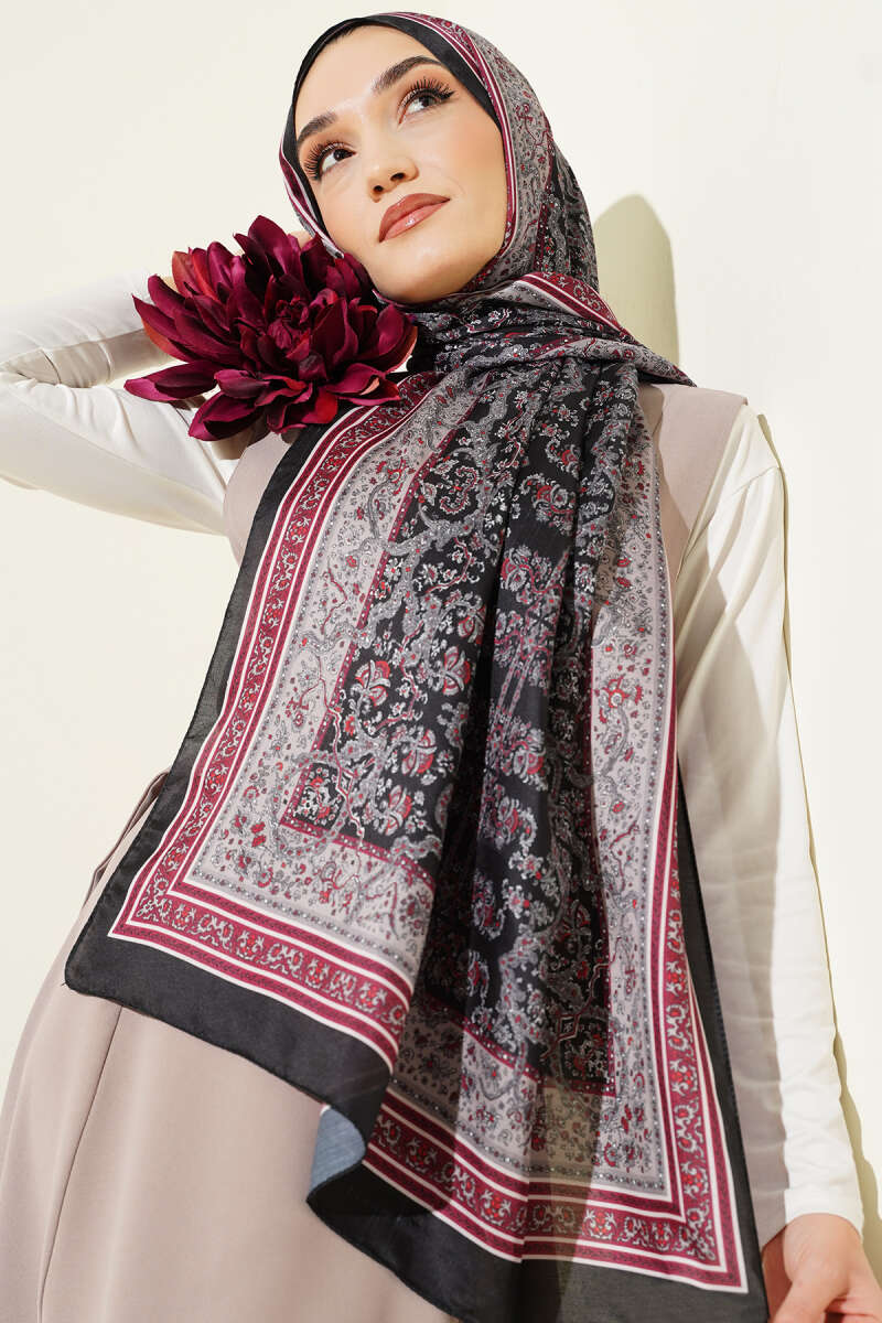 Mini Floral Soft Shawl - Black-Burgundy