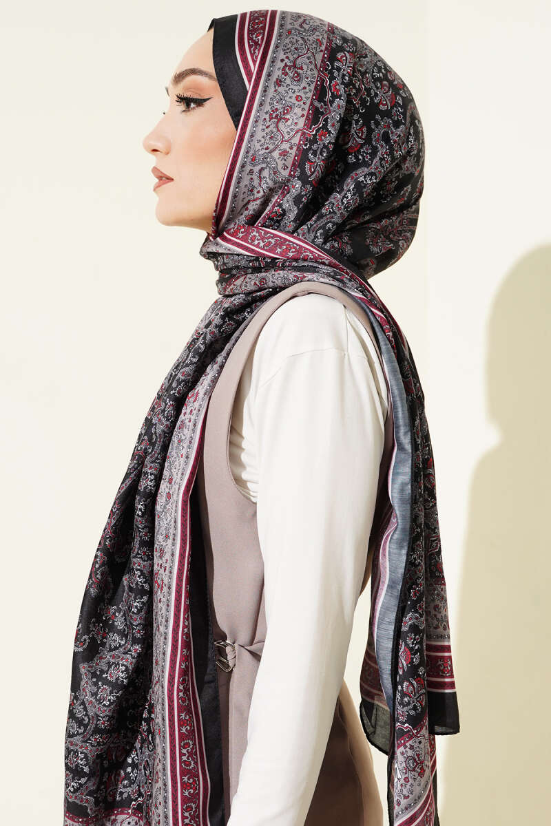 Mini Floral Soft Shawl - Black-Burgundy