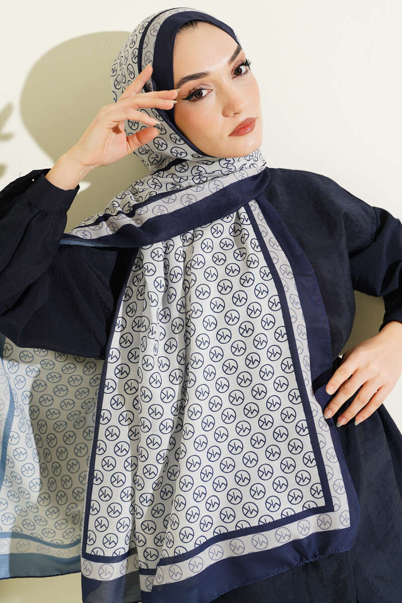 MK Print Modal Shawl - Navy-Beige