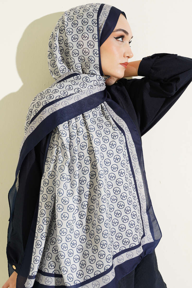 MK Print Modal Shawl - Navy-Beige