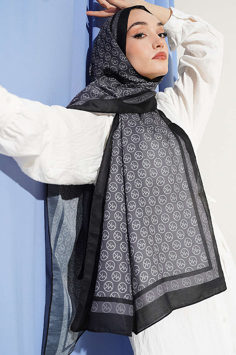 MK Print Modal Shawl - Black-Smoke Grey