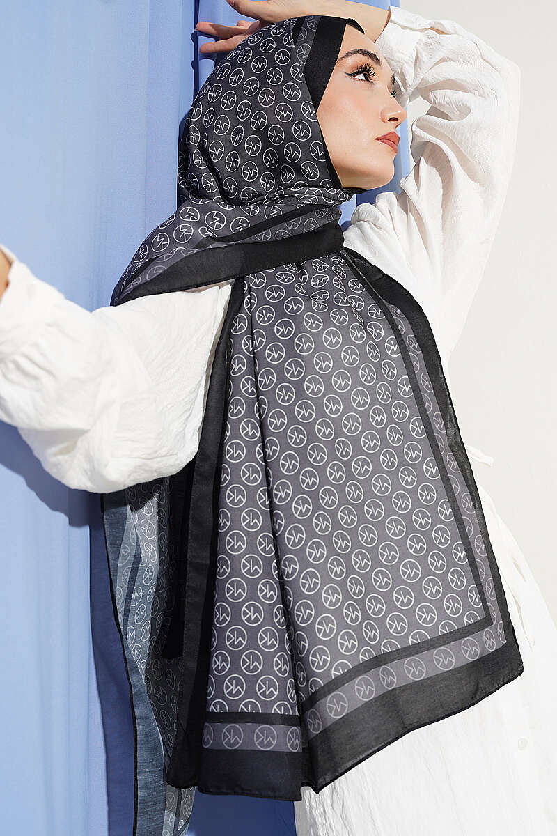 MK Print Modal Shawl - Black-Smoke Grey