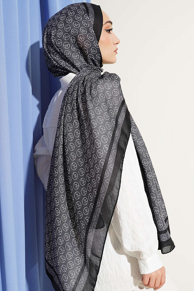 MK Print Modal Shawl - Black-Smoke Grey