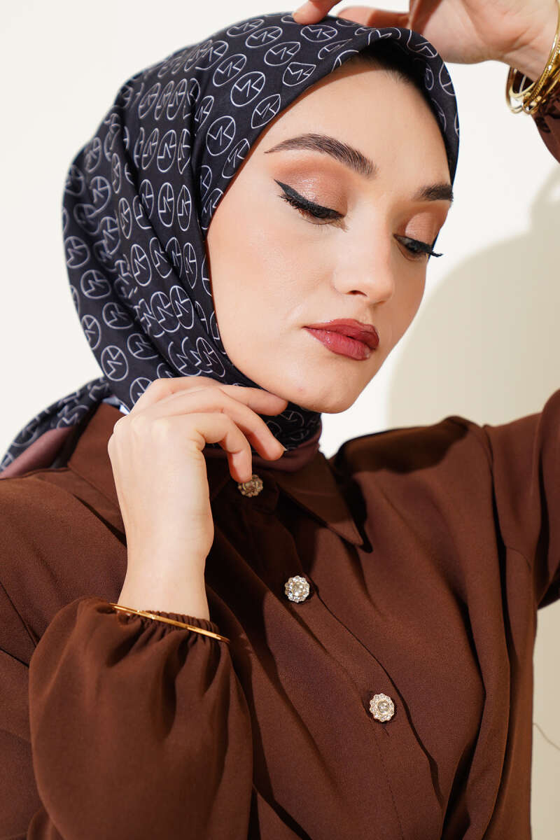 MK Print Soft Scarf - Black-Brown