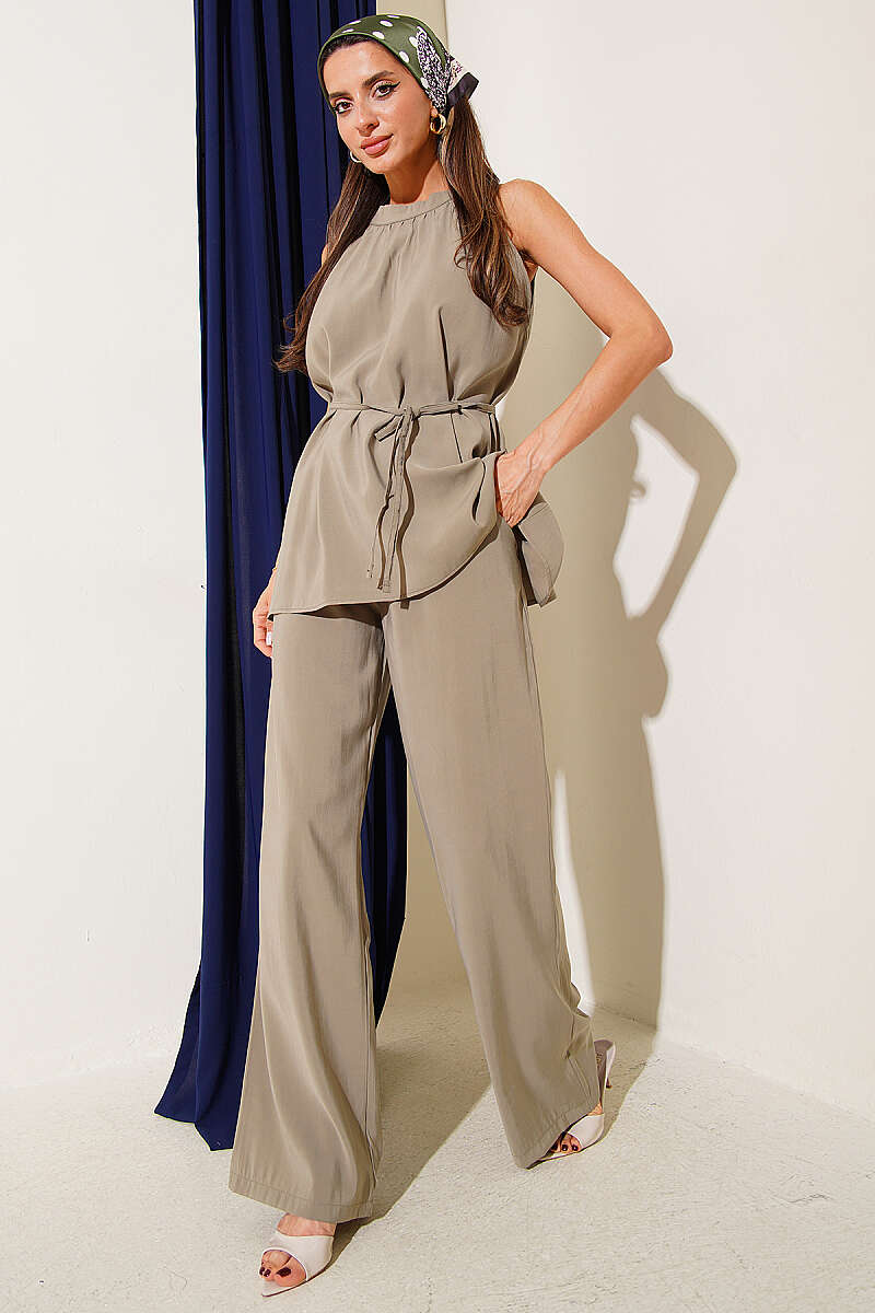 Sleeveless Two-Piece Set with Tie Cords - Khaki