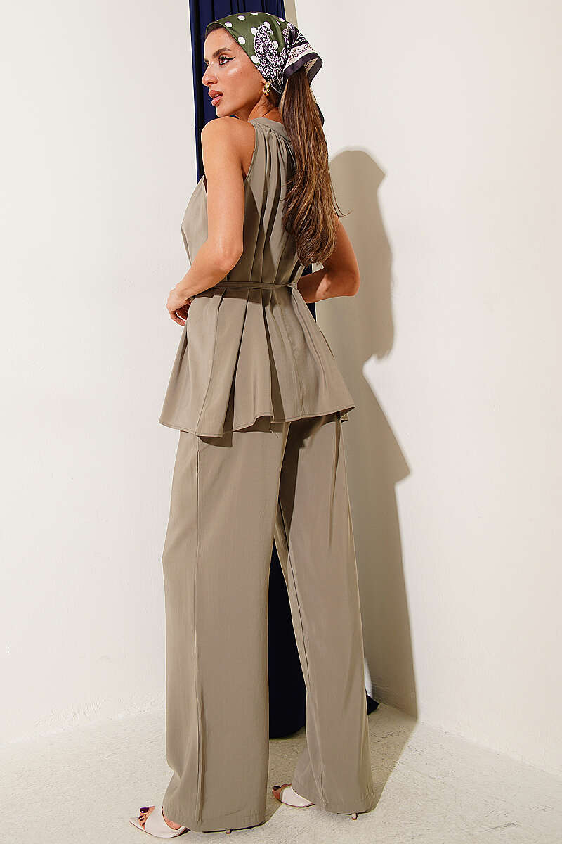 Sleeveless Two-Piece Set with Tie Cords - Khaki