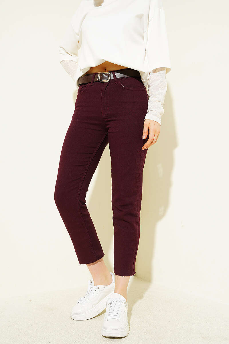 Belted Mom Jeans with Raw Hem - Plum