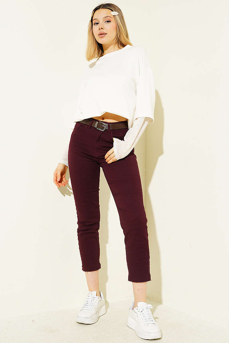 Belted Mom Jeans with Raw Hem - Plum