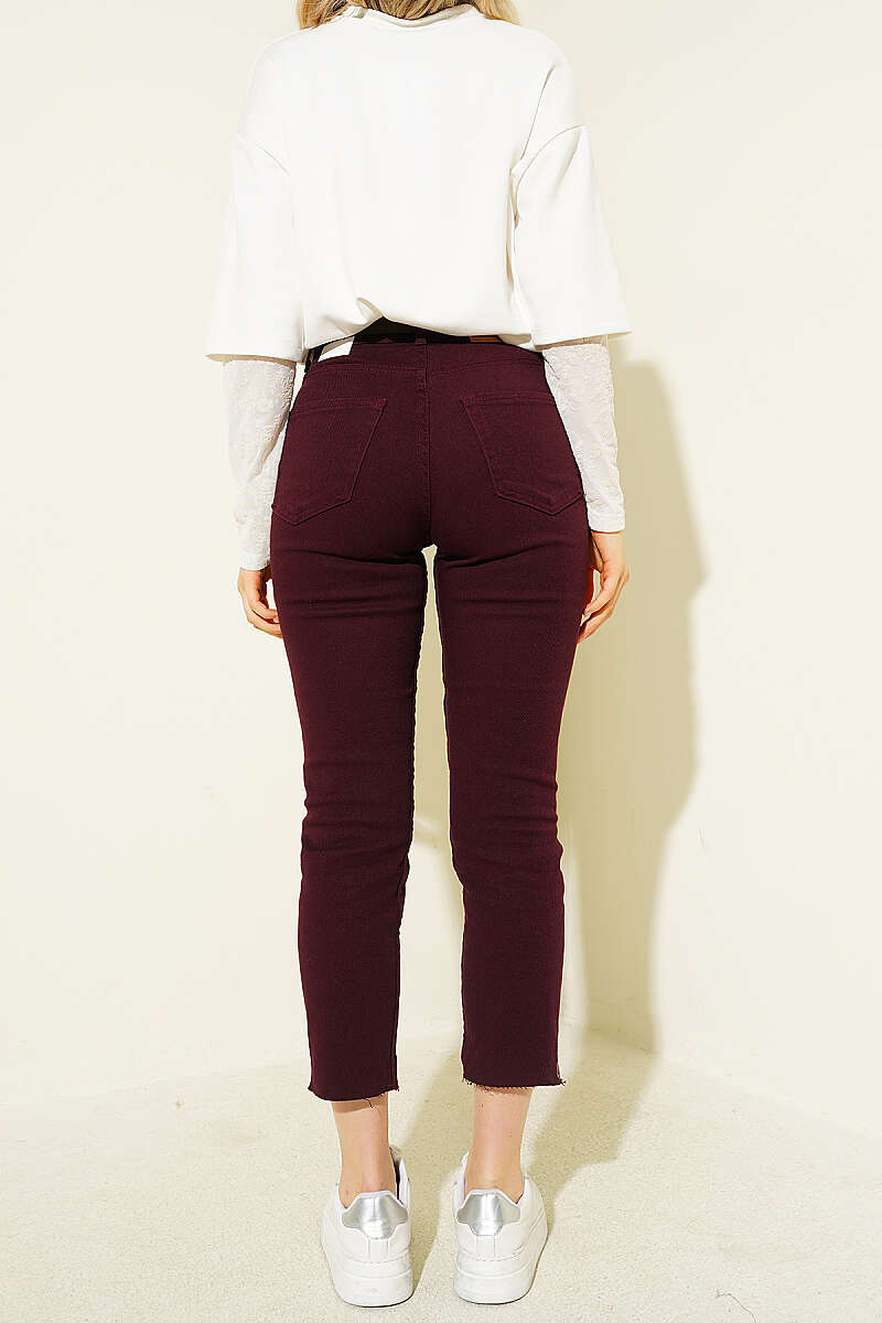 Belted Mom Jeans with Raw Hem - Plum