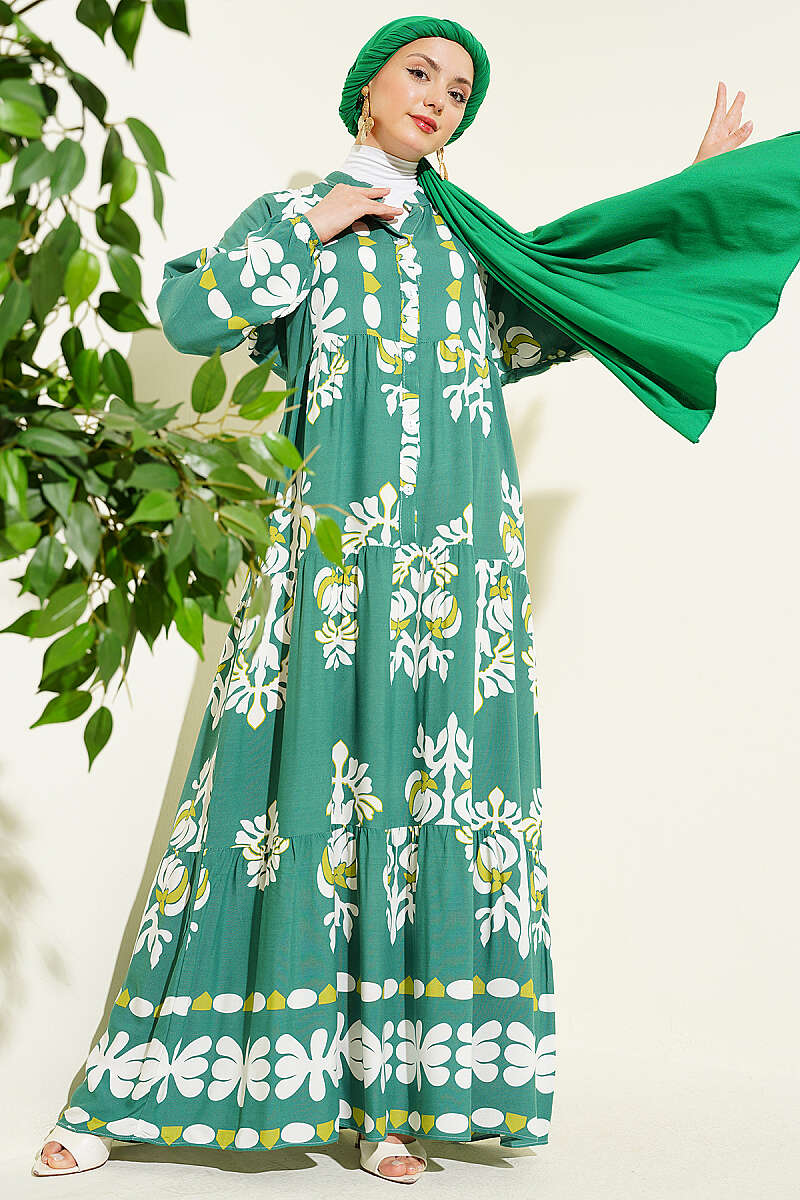 Motif Print Mandarin-Collar Dress - Green