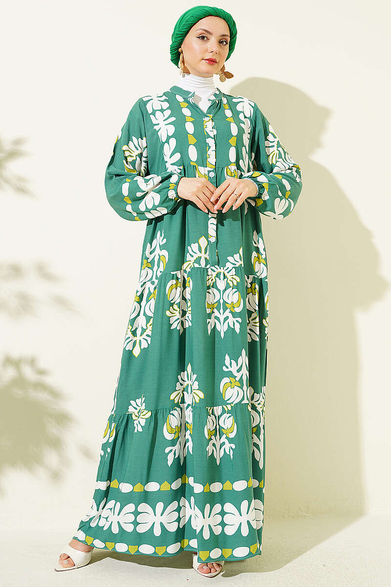 Motif Print Mandarin-Collar Dress - Green