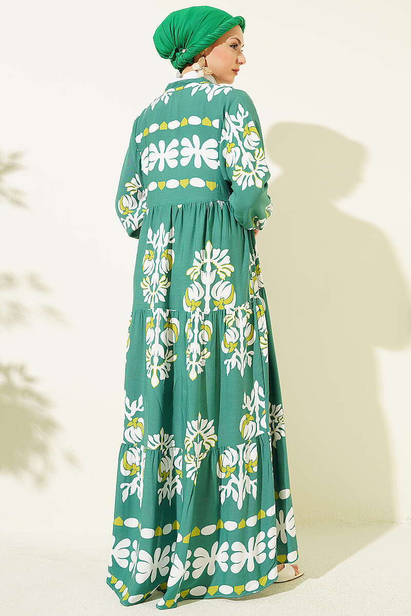 Motif Print Mandarin-Collar Dress - Green
