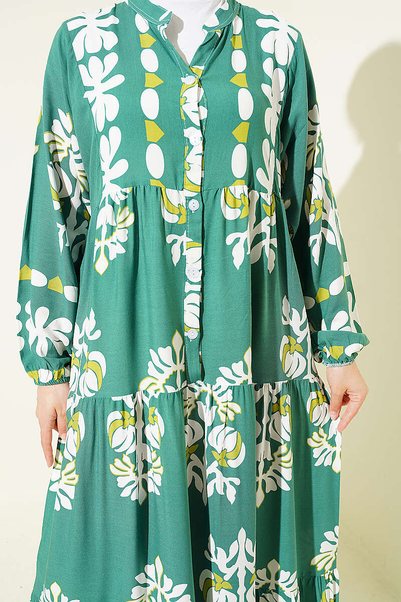 Motif Print Mandarin-Collar Dress - Green