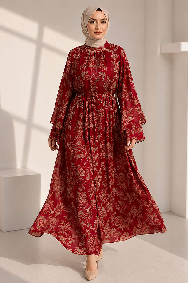 Wide-Sleeve Motif Dress with Cord Belt - Red