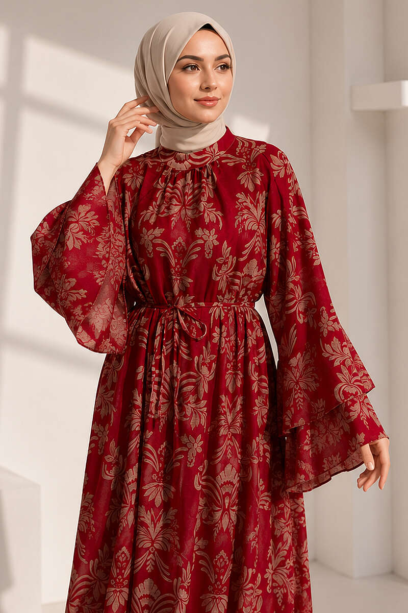 Wide-Sleeve Motif Dress with Cord Belt - Red