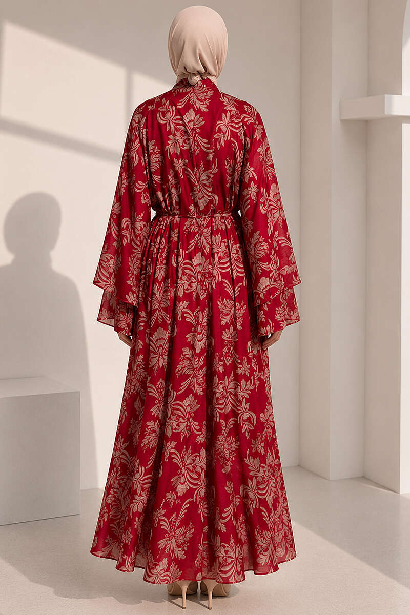 Wide-Sleeve Motif Dress with Cord Belt - Red