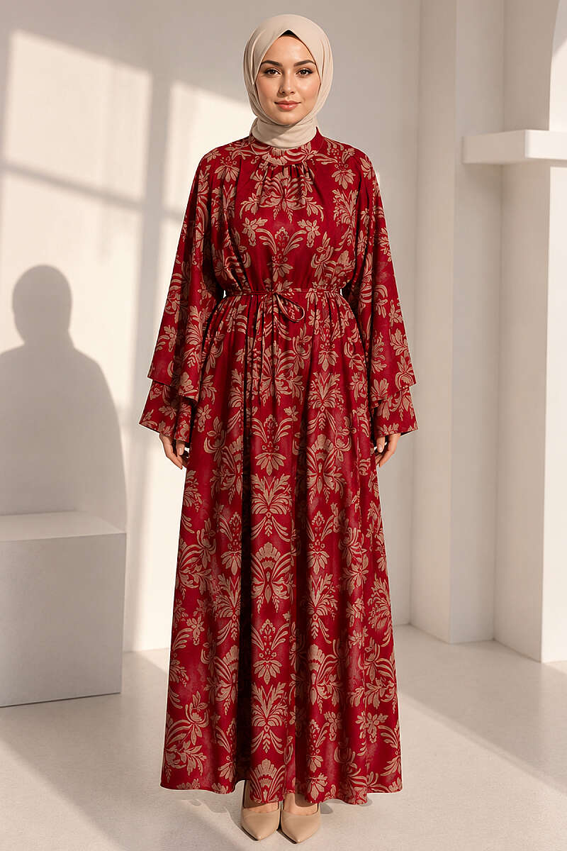 Wide-Sleeve Motif Dress with Cord Belt - Red