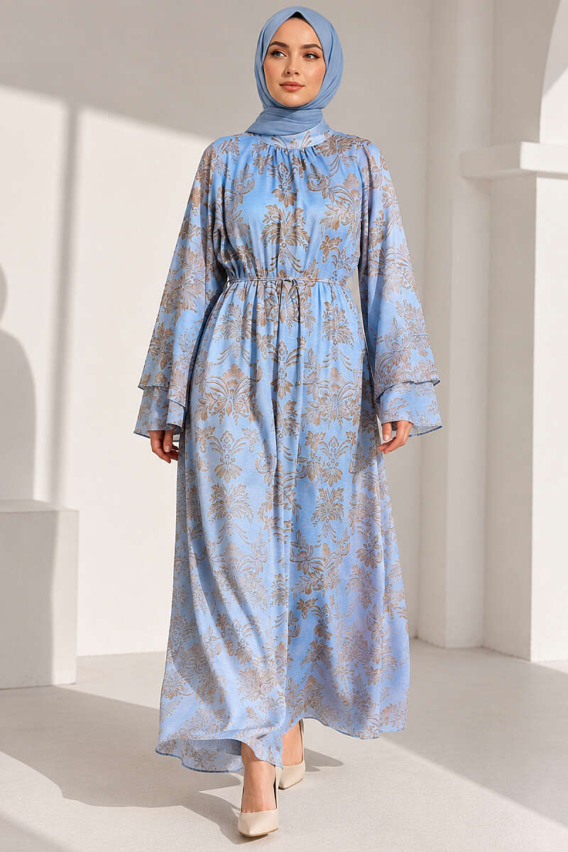 Wide-Sleeve Motif Dress with Cord Belt - Blue