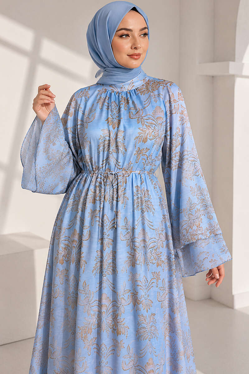 Wide-Sleeve Motif Dress with Cord Belt - Blue