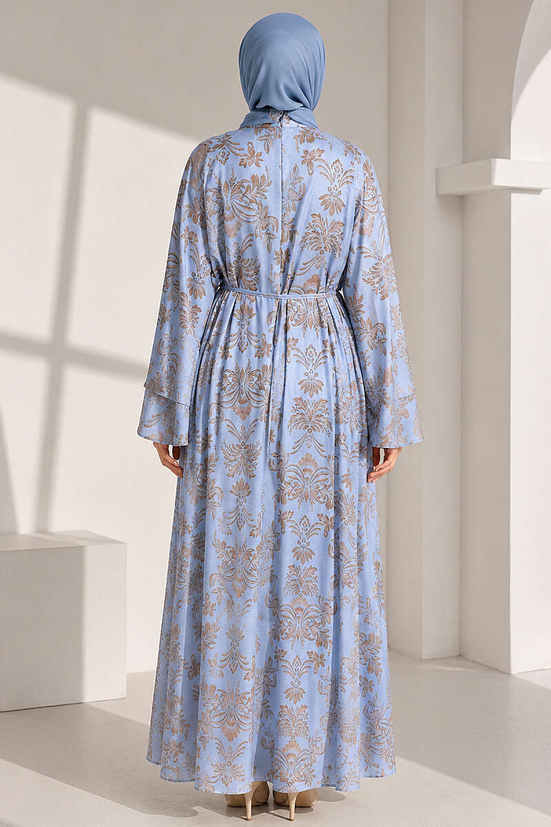 Wide-Sleeve Motif Dress with Cord Belt - Blue