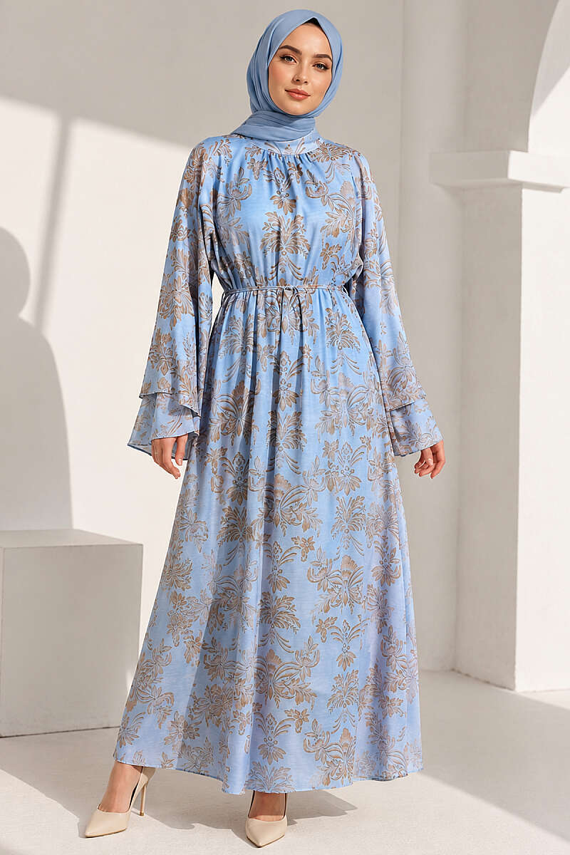 Wide-Sleeve Motif Dress with Cord Belt - Blue