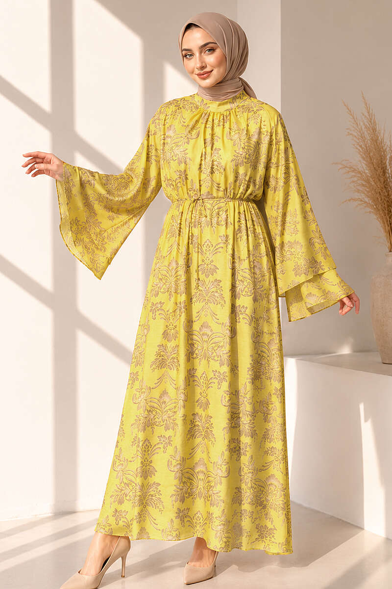 Wide-Sleeve Motif Dress with Cord Belt - Yellow