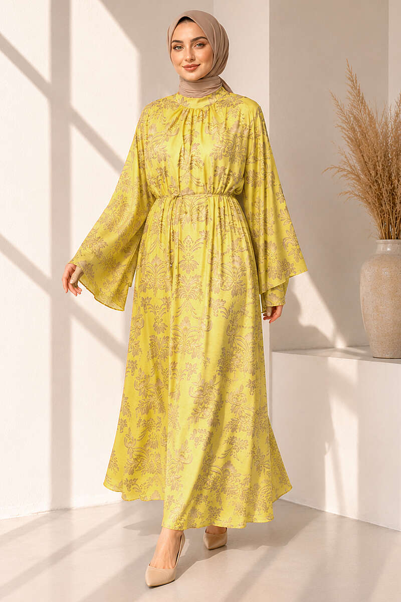 Wide-Sleeve Motif Dress with Cord Belt - Yellow