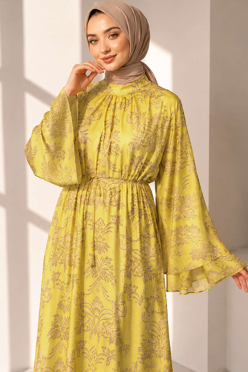 Wide-Sleeve Motif Dress with Cord Belt - Yellow