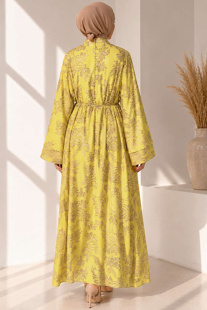 Wide-Sleeve Motif Dress with Cord Belt - Yellow