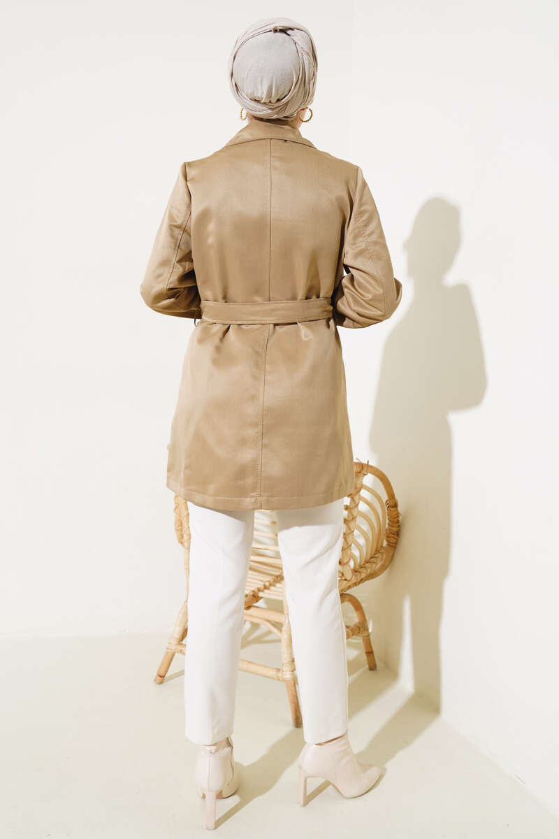 Short Belted Cape Trench Coat - Latte