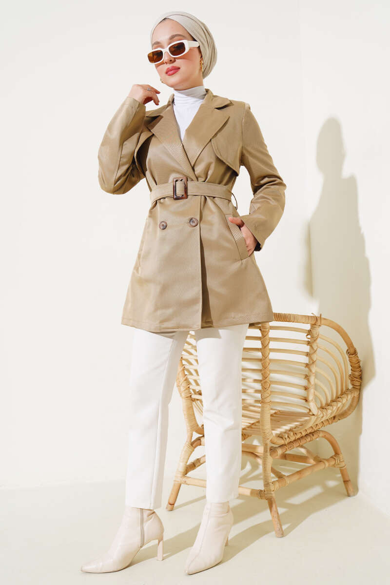 Short Belted Cape Trench Coat - Latte