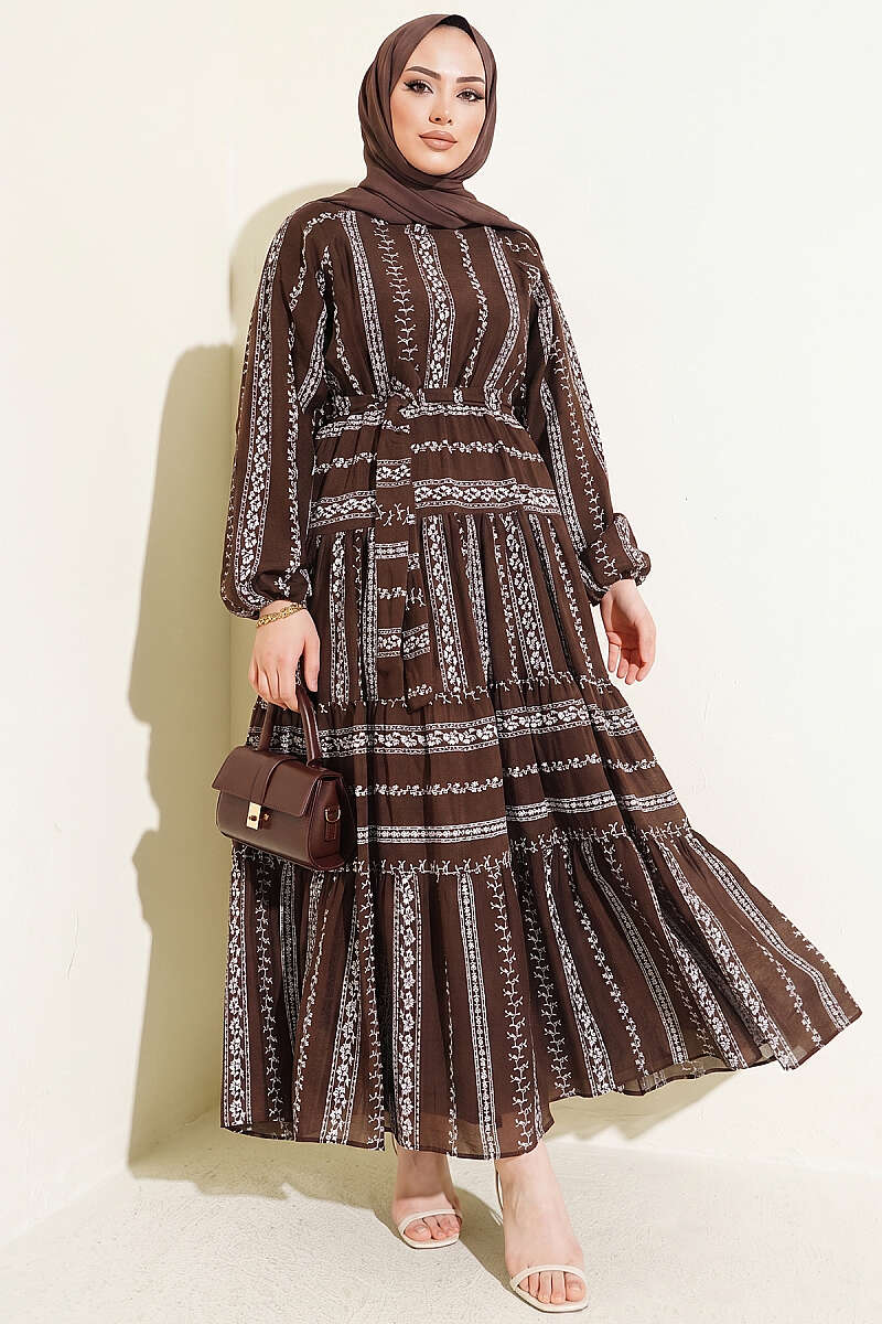 Embroidered Lace-Up Dress - Brown