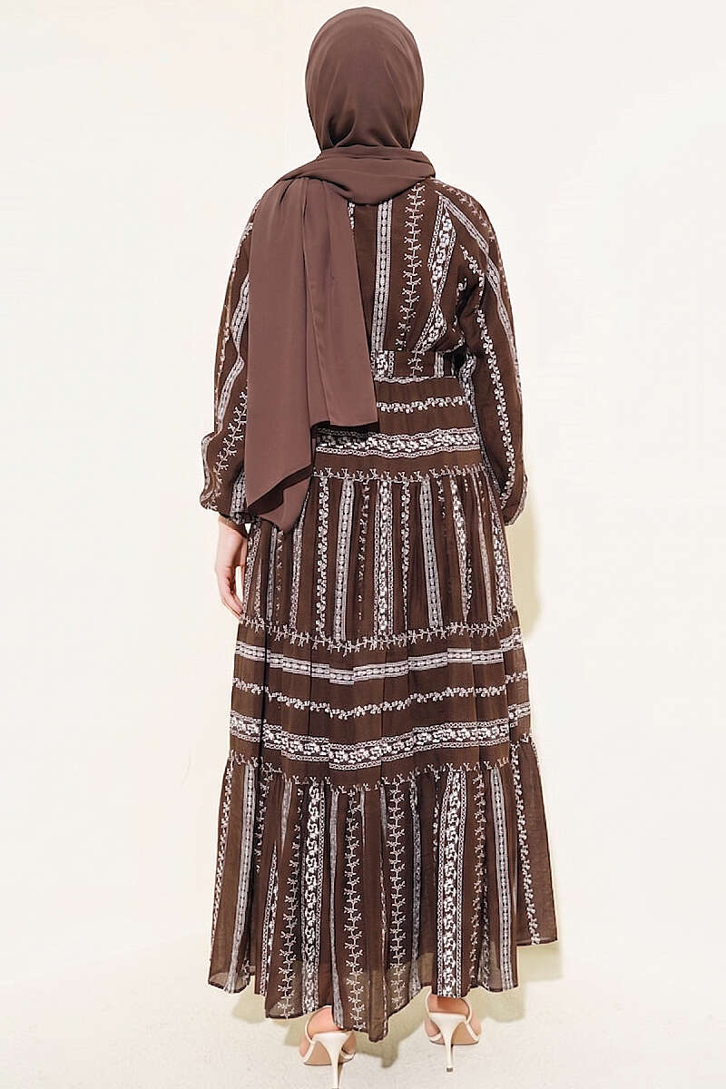 Embroidered Lace-Up Dress - Brown