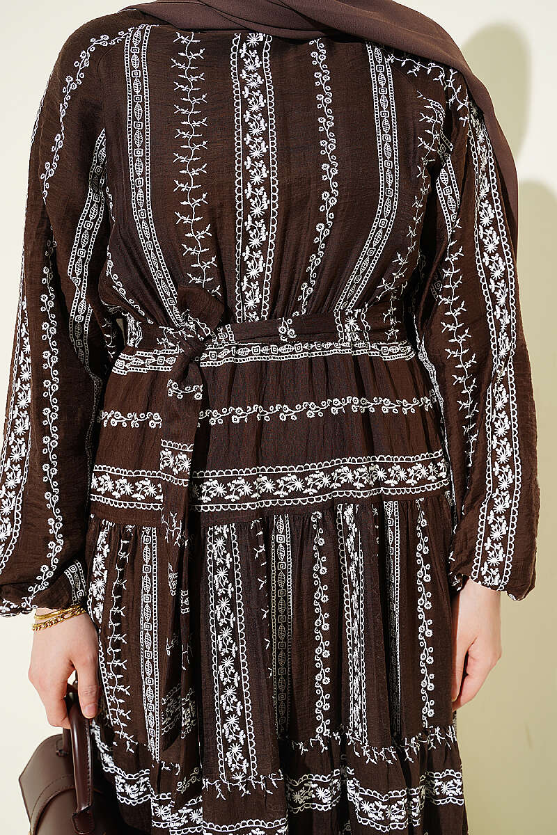 Embroidered Lace-Up Dress - Brown