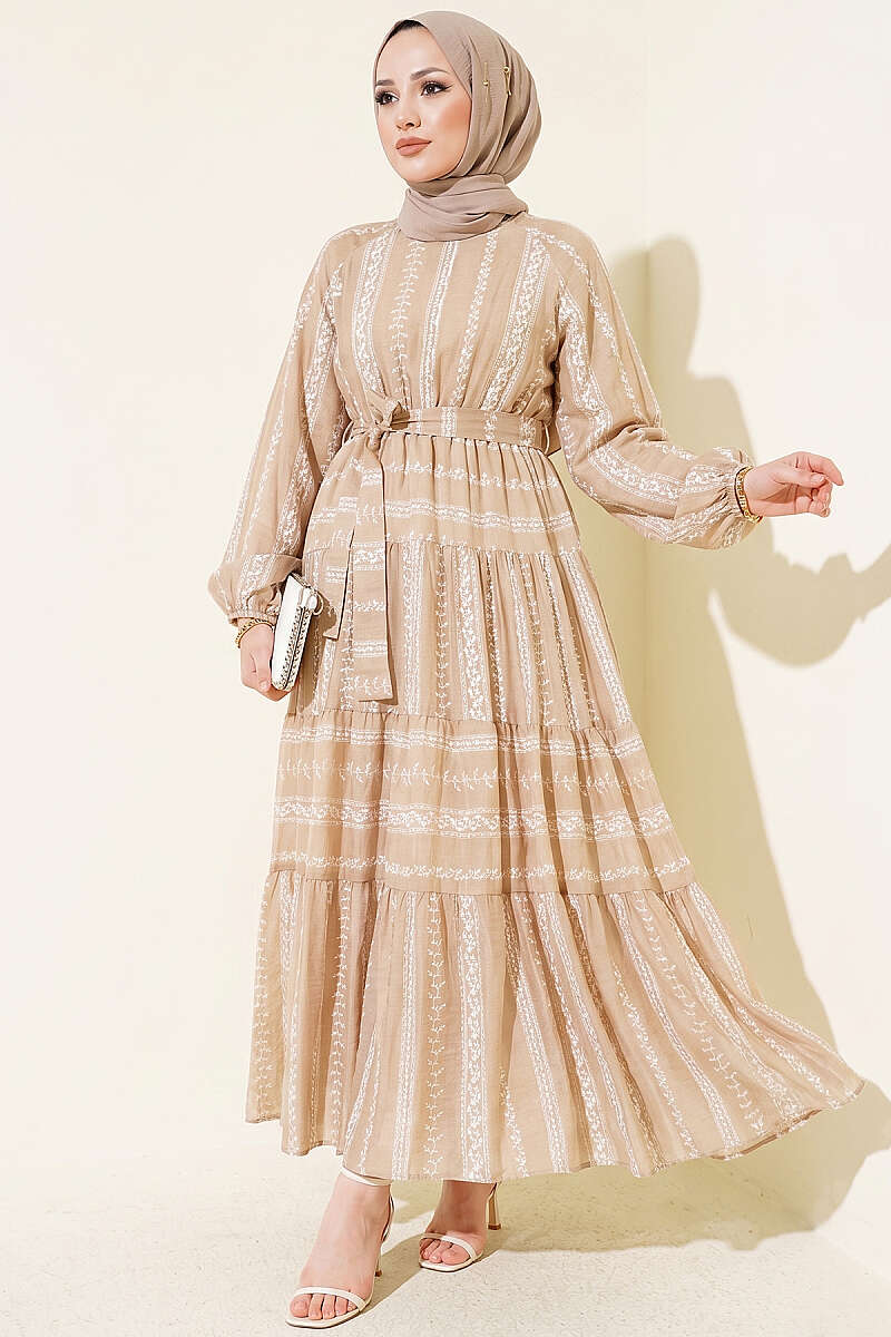 Embroidered Lace-Up Dress - Mink