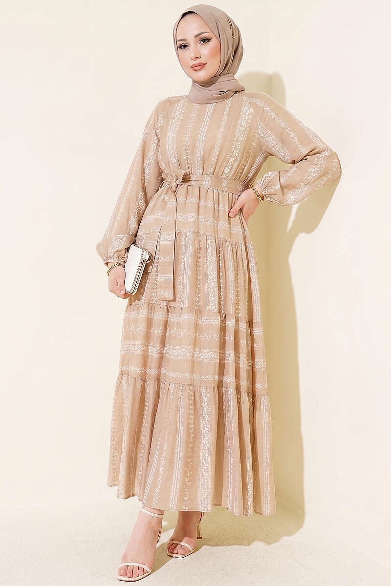 Embroidered Lace-Up Dress - Mink