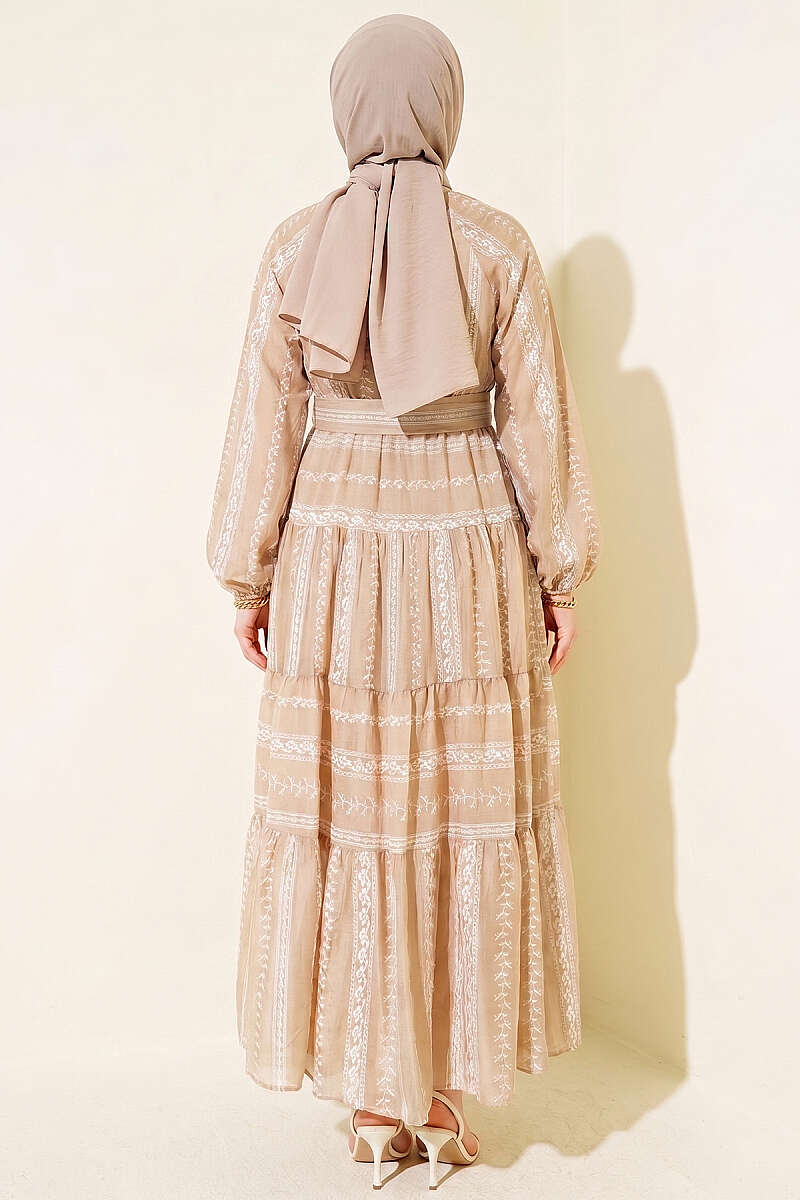 Embroidered Lace-Up Dress - Mink